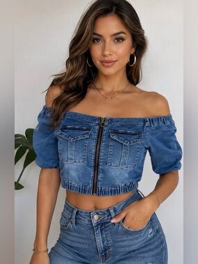 American Bazi Denim Off Shoulder Crop Top Blue Zip Front Stretch Size L Boho Y2K